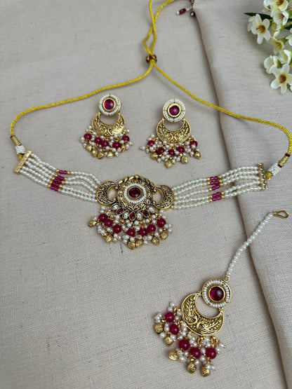 Meher Antique Gold Pearl Choker Set with Earrings & Tikka