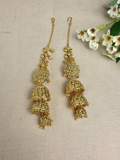 Gold-plated Punjabi triple jhumki earrings with attached ear Saharas
