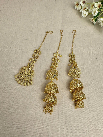 Bright yellow-gold-plated Punjabi triple jhumki earrings and matching medium tikka
