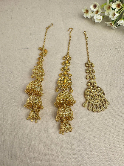 Back view of Punjabi triple jhumki earrings showing push backs and ear Saharas