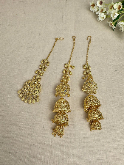 Bright yellow-gold-plated Punjabi triple jhumki earrings and matching medium tikka