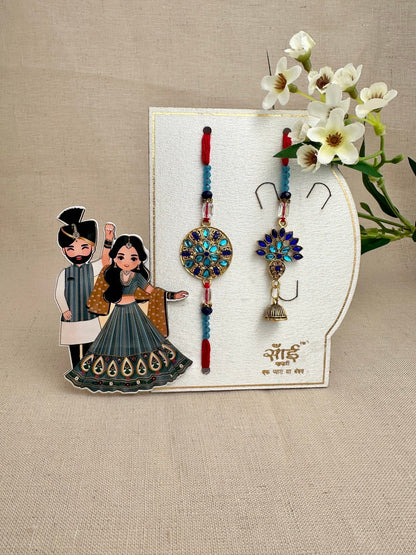 Premium turquoise floral Brother and Bhabhi Rakhi combo with matching jhumka lumba
