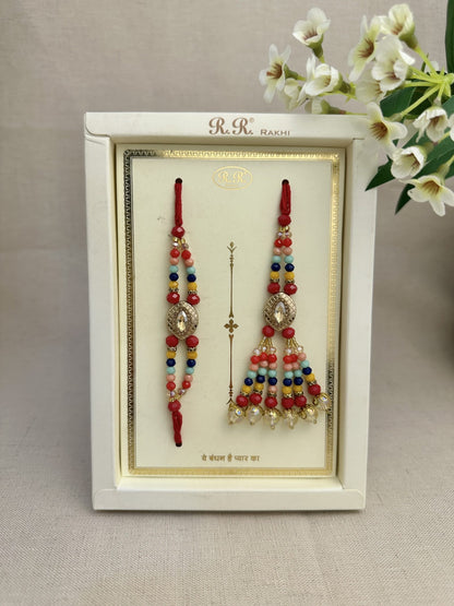 Multicolour crystal Brother and Bhabhi Rakhi combo set