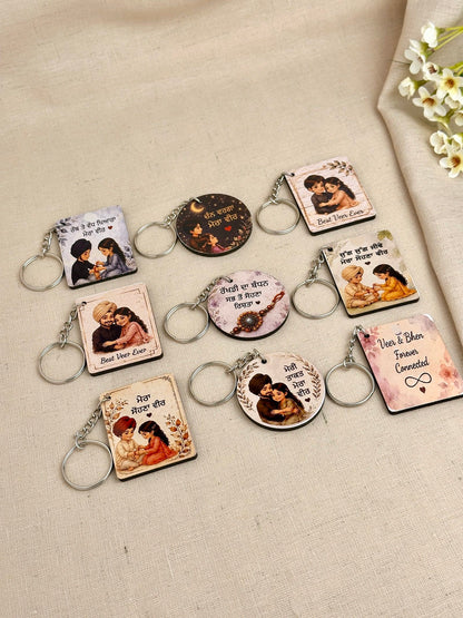 Example of Rakhi Gift Box contents showing different Rakhi designs and age-appropriate gift options.