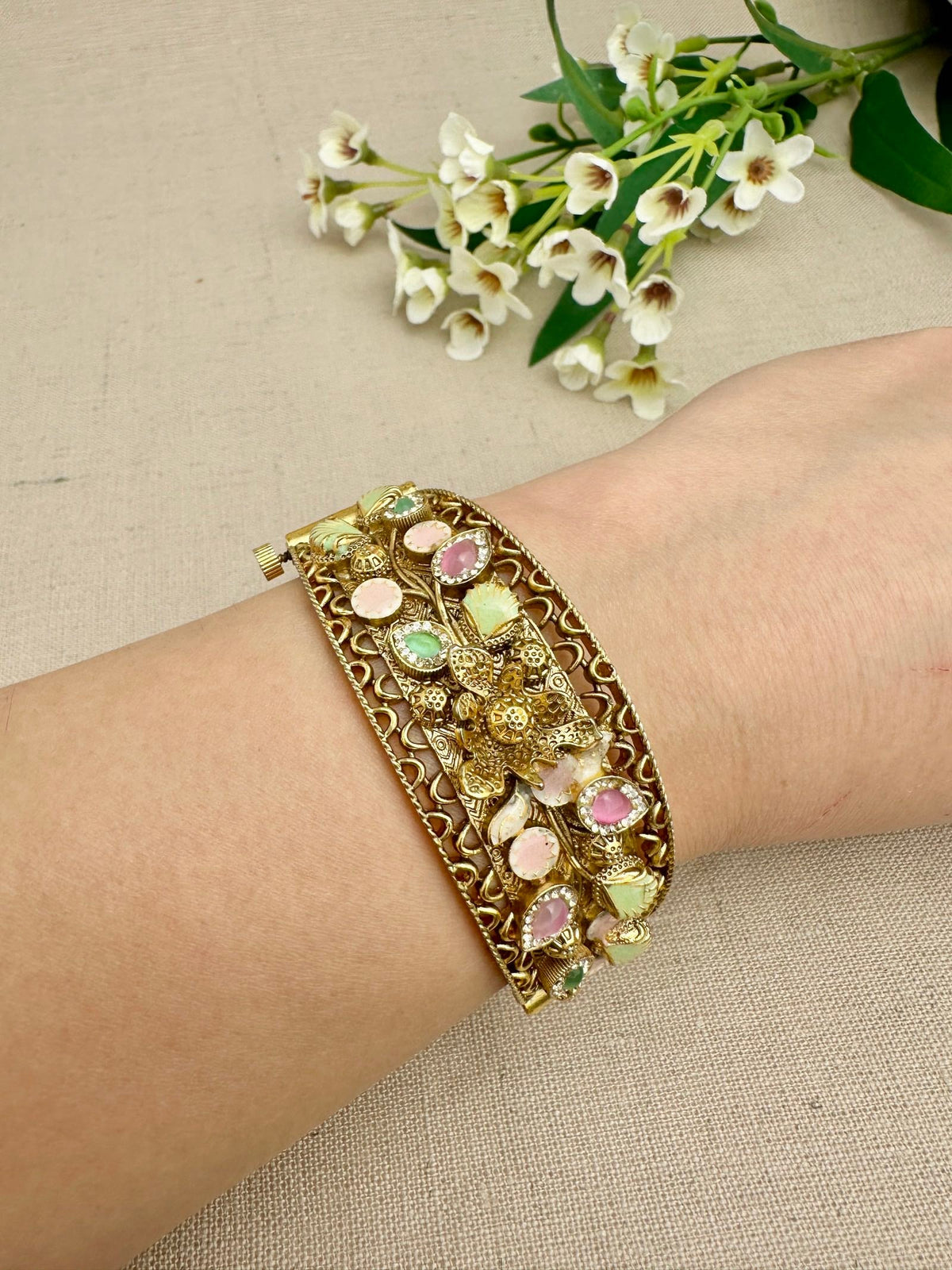 Rangnoor pastel stone gold-plated kangan worn as an oval bracelet