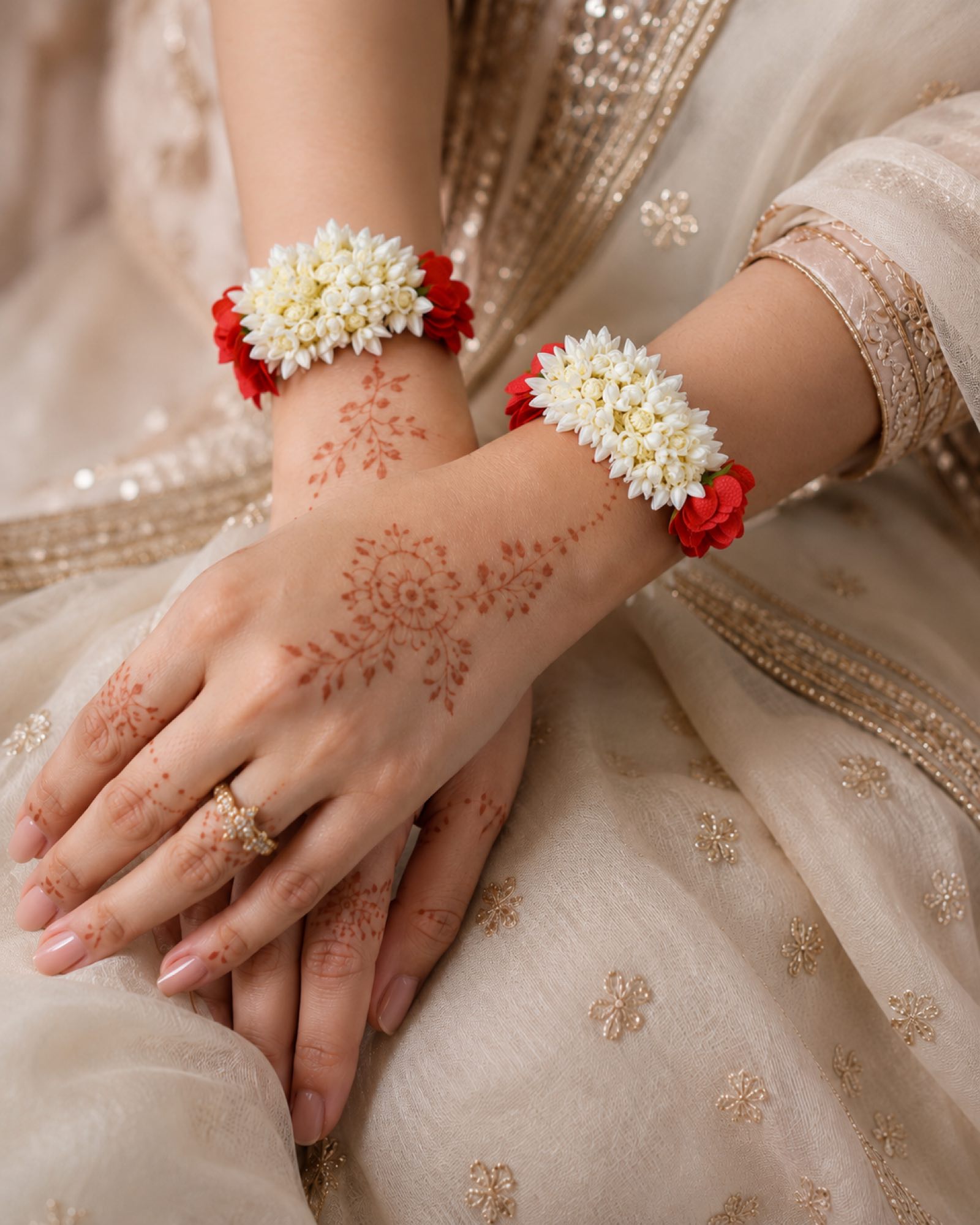 Styling reference showing red and off-white gajras worn on the wrists with mehndi.