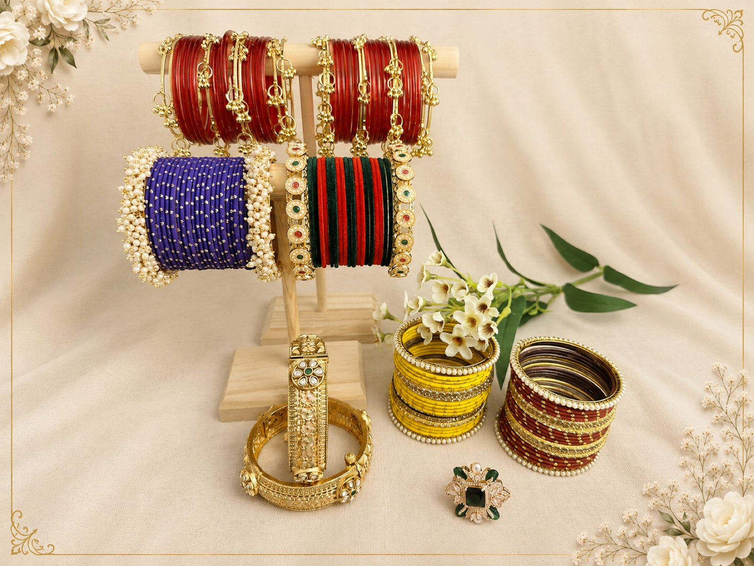 Colourful Indian bangles and gold-look kangans featured in the Riwaaz Stock Clearance Sale