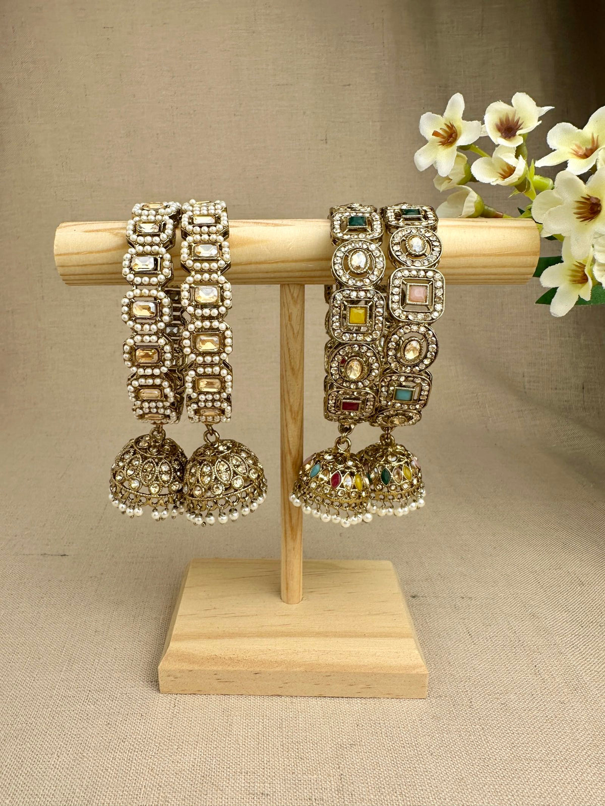 Saanjh pearl latkan jhumki kangan sets in Champagne Gold and Multicolour