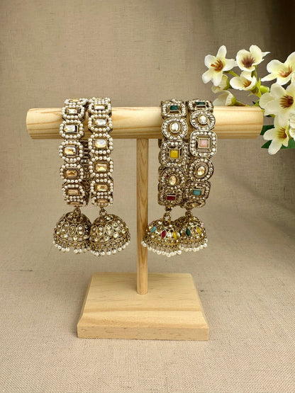 Saanjh pearl latkan jhumki kangan sets in Champagne Gold and Multicolour