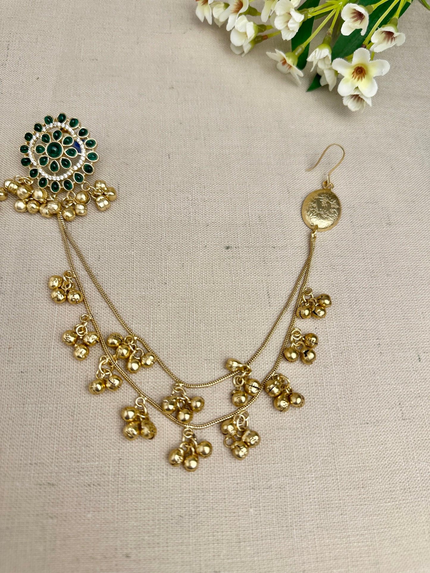 Samaira Green Kundan Statement Earrings with Sahara Ear Chains