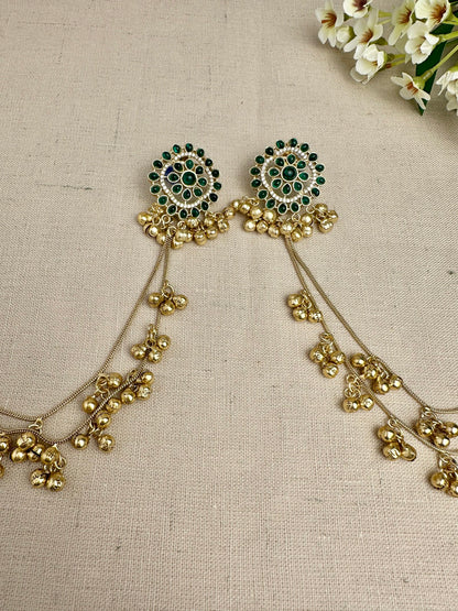 Samaira Green Kundan Statement Earrings with Sahara Ear Chains