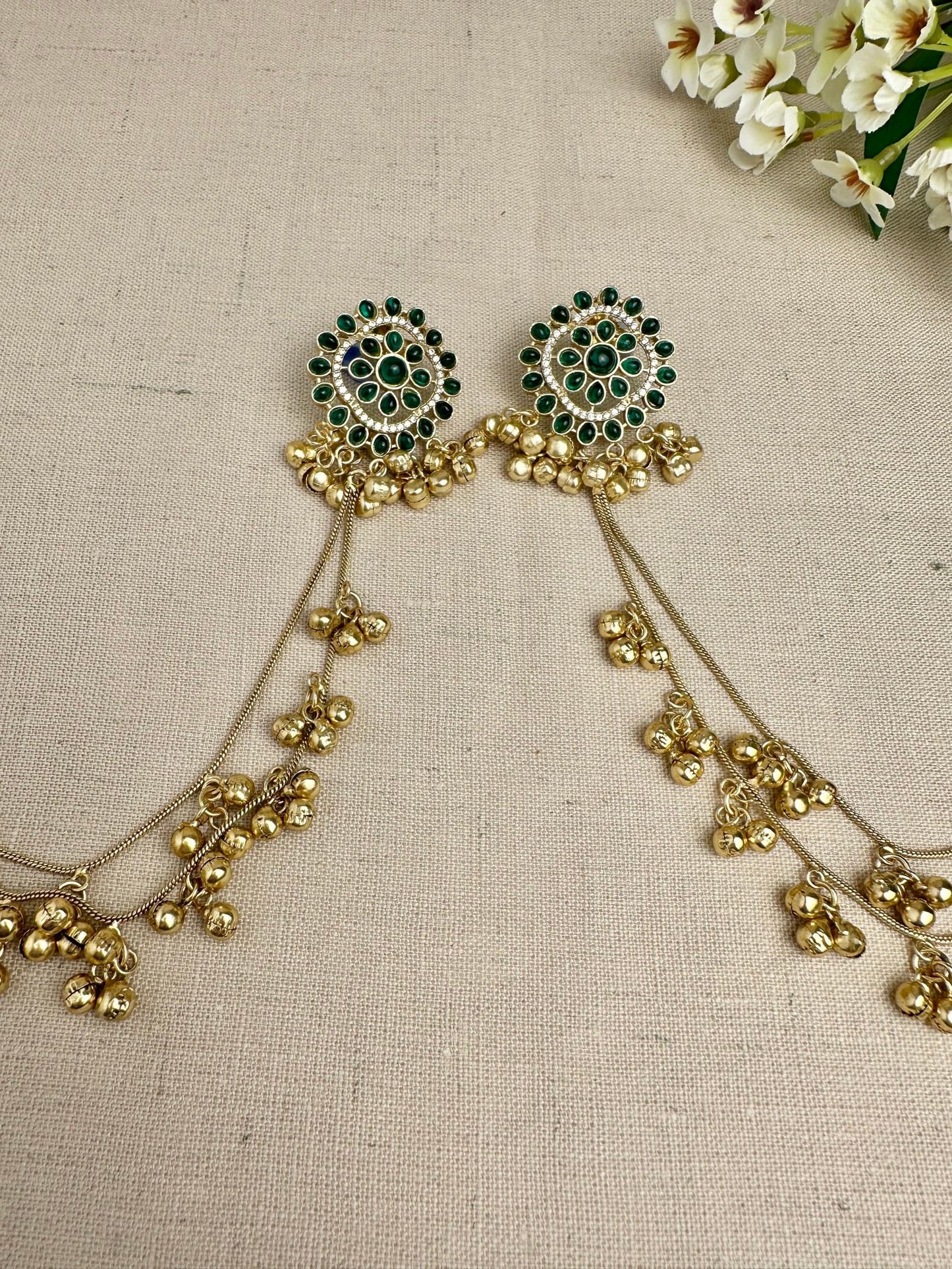     Gold-tone Sahara ear-chain detail on Samaira green statement earrings