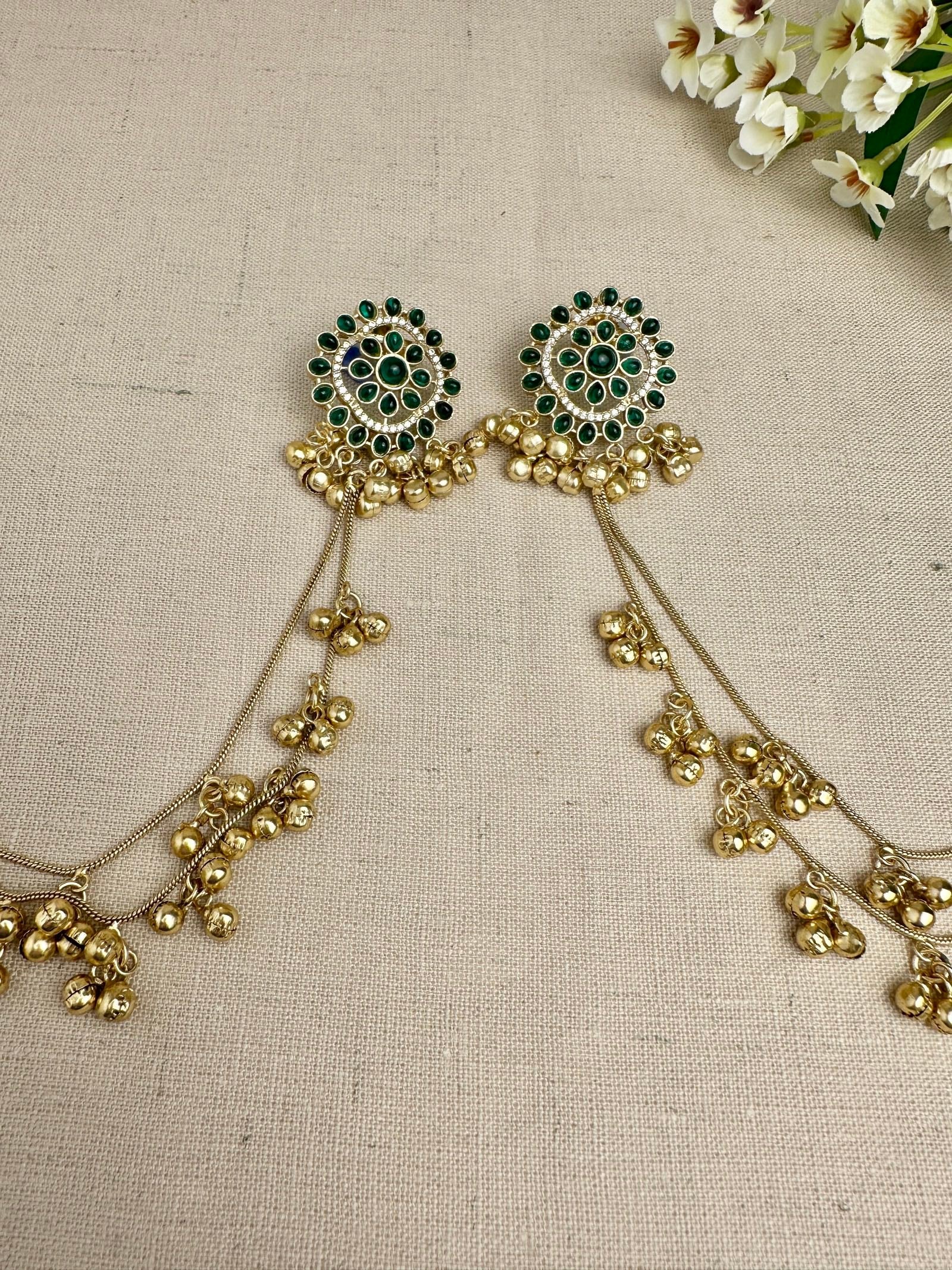    Gold-tone Sahara ear-chain detail on Samaira green statement earrings