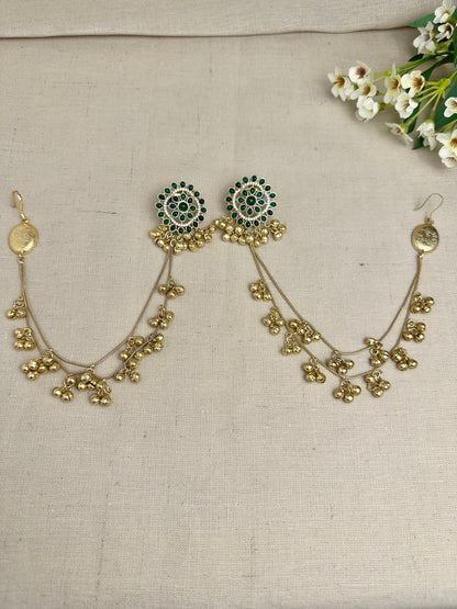     Samaira green Kundan statement earrings with attached Sahara ear chains