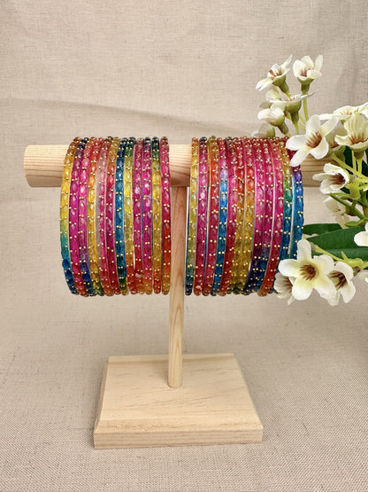     Styled display of size 2.12 Water Drop multicolour glass bangles with flowers