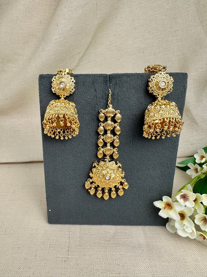 Simran Gold-Plated Punjabi Jhumki & Tikka Set featuring Kundan detailing, sahara earrings and matching maang tikka.