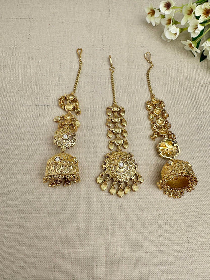 Back view of the Simran Gold-Plated Punjabi Jhumki & Tikka Set showing the sahara chain, earring backing and matching maang tikka.