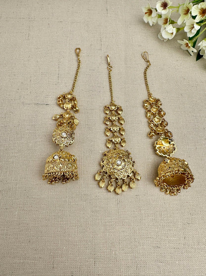 Back view of the Simran Gold-Plated Punjabi Jhumki & Tikka Set showing the sahara chain, earring backing and matching maang tikka.