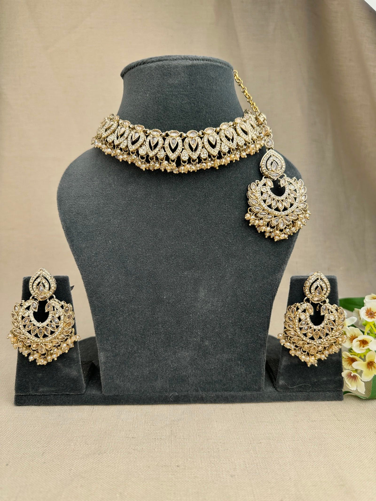 Ziya champagne choker necklace with matching statement earrings and tikka set