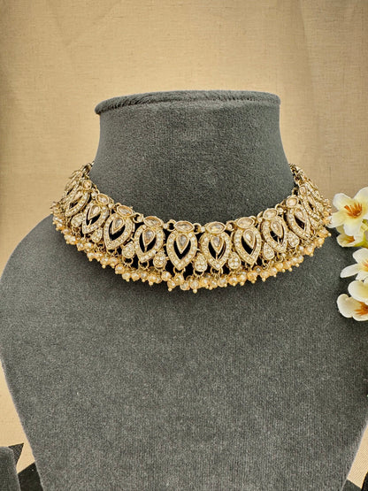 Close-up of Ziya champagne choker necklace with sparkling stone and bead detailing