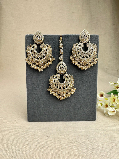 Ziya champagne statement earrings with matching tikka